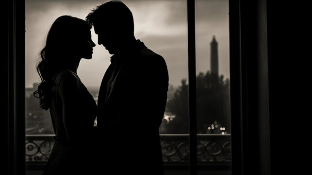 Timeless black and white portrait of a couple's silhouette against a window