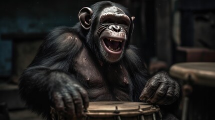 Monkey playing the djembe on a dark background, close-up. Chimp. Chimpanzee. Evolution Concept