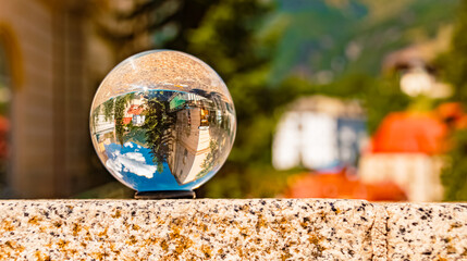 Crystal ball alpine summer landscape shot at Bad Gastein, St. Johann im Pongau, Salzburg, Austria