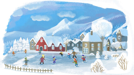 cartoon christmas winter happy scene with town in snow illustration for children