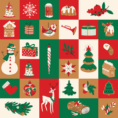 Christmas and New Year elements vector mosaic seamless pattern. Winter holiday tile geometric background for postcard, print, fabric, wrapping paper, wallpaper, textile, cover, table cloth