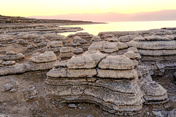 Dead Sea coast with stones covered by salt