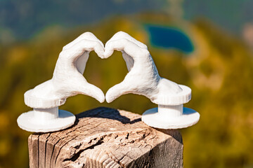 Heart hands gesture with Lake Spiegelsee and a 3D printed sculpture - free model from thingiverse -...