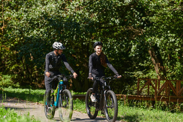 A blissful couple, adorned in professional cycling gear, enjoys a romantic bicycle ride through a park, surrounded by modern natural attractions, radiating love and happiness