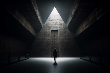 Enigmatic gateway reveals enigmatic pyramid figure in empty space. Generative AI