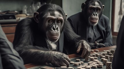 Monkeys playing board game in a casino. Casino concept. Chimp. Chimpanzee. Evolution Concept