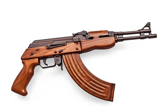 Rare first model AK - 47 assault rifle isolated on white. Neural network AI generated art