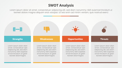 swot business framework strategic template infographic concept for slide presentation with table rectangle and round top with 4 point list with flat style