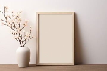 Beige frame and sprig with flowers on the wooden table - obrazy, fototapety, plakaty
