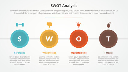 swot business framework strategic template infographic concept for slide presentation with big circle and horizontal direction with 4 point list with flat style