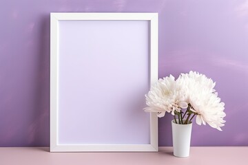 Blank mockup and white flowers on the lilac background