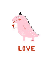 Funny Valentine's Day Vector Card with Cute Pink Dinosaur with Red Lillipop. Crayon Drawing-like Pastel Pink Dino Wearing Black Party Hat on a White Background. Handwritten LOVE. RGB. Abstract Doodle.