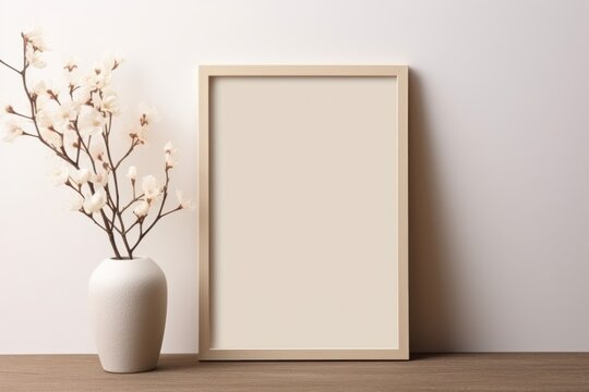 Beige frame and sprig with flowers on the wooden table