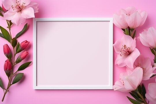Blank picture frame on the rose wall with flowers