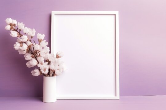 Empty white frame with white spring flowers on the lilac table