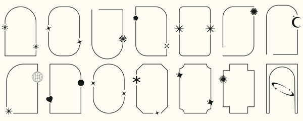 Minimalistic linear frames with abstract geometric shapes, flowers and sparkles.Vector illustration