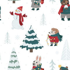 Seamless Christmas pattern with  trees and cute animals. Can be used for fabric, printing on paper, cards, posters, etc.