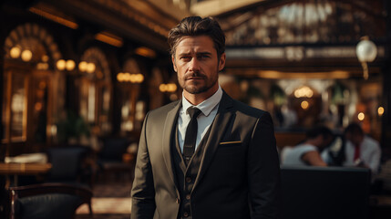 A portrait of a rugged businessman in a black suit in the lobby interior of a hotel.