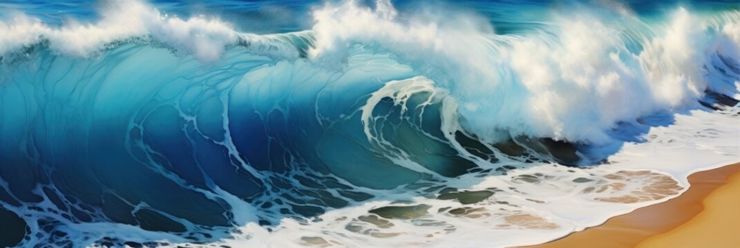 Panoramic seascape. Blue ocean wave with white foam. Seascape. Aerial View.