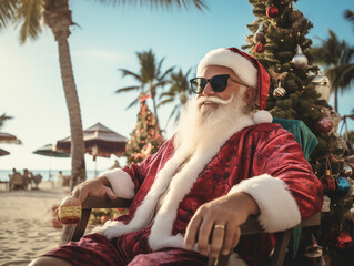 A Photo Of Santa Claus Wearing Sunglasses And Shorts Lounging On A Beach With A Tropical Drink Surrounded By Palm Trees Decorated With Christmas Light - Powered by Adobe