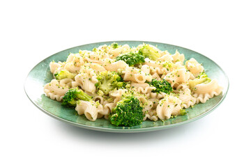 Plate of tasty pasta with broccoli on white background
