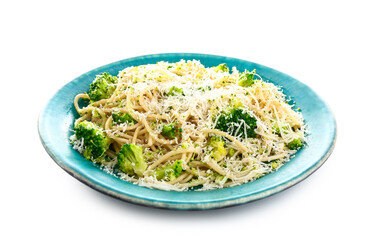 Plate of tasty pasta with broccoli and cheese on white background