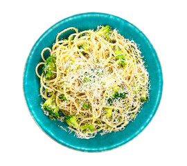 Plate of tasty pasta with broccoli and cheese on white background
