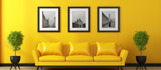 Yellow wall with three picture frames in a pleasant waiting room shown in a