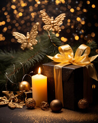 Fototapeta na wymiar Surprise gift box with golden ribbon and lit candles on a table adorned for Christmas. shows the festive spirit and magic of Xmas, with decorated tree; greeting card with bokeh and black background