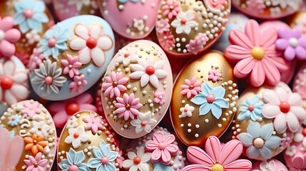 Lots of flowers and colorful Easter egg sweets. - obrazy, fototapety, plakaty