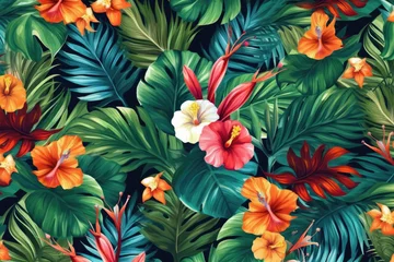 Fototapete Rund Tropical exotic pattern with animal and flowers in bright colors and lush vegetation. Ai Generative. © Mix and Match Studio