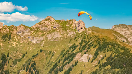 Alpine summer view with paragliders at Mount Fulseck, Dorfgastein, St. Johann im Pongau, Salzburg,...