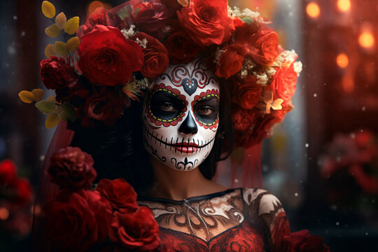 Mexican holiday of the dead. Woman with sugar skull make up and flowers. Generative AI