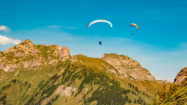 Alpine summer view with paragliders at Mount Fulseck, Dorfgastein, St. Johann im Pongau, Salzburg, Austria