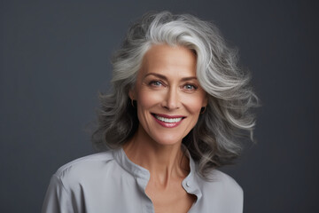 Portrait of a happy mature gray haired woman with a smile. High quality photo