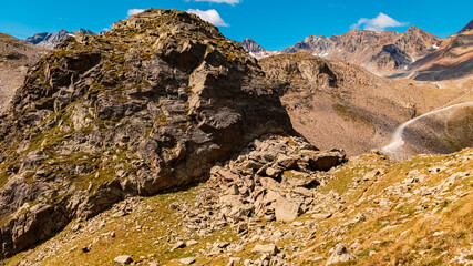 Alpine summer view on the hike from Lake Egesensee to Dresdnerhuette, Mutterbergalm, Stubaital valley, Innsbruck, Austria