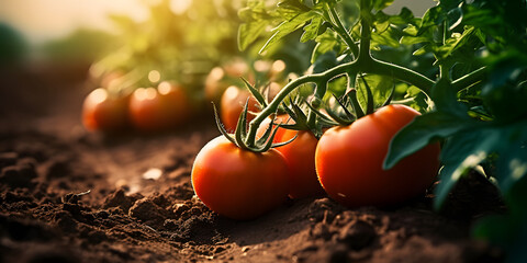 Closeup of ripe tomatoes growing on soil, ai generative - obrazy, fototapety, plakaty
