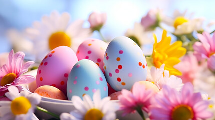Obraz na płótnie Canvas Colorful Easter eggs in flower field