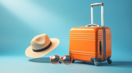 Orange suitcase with sun glasses, hat and camera on pastel blue background. travel concept. minimal style