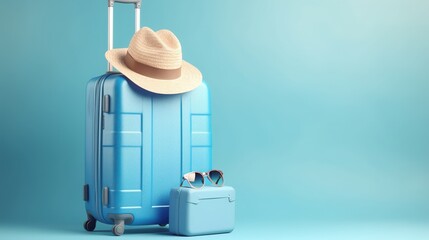Blue suitcase with sun glasses, hat and camera on pastel blue background. travel concept. minimal style