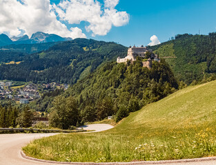Alpine summer view with fortress Hohenwerfen at Werfen, Pongau, Salzburg, Austria
