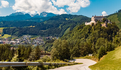 Alpine summer view with fortress Hohenwerfen at Werfen, Pongau, Salzburg, Austria