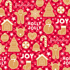 Cute geometric cookies and words with plaid pattern design for christmas holidays background.