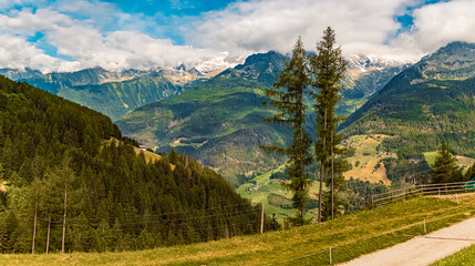 Fototapeta premium High resolution stitched alpine summer panorama at Mount Klausberg, Ahrntal valley, Pustertal, Trentino, Bozen, South Tyrol