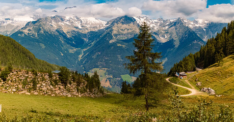 High resolution stitched alpine summer panorama at Mount Klausberg, Ahrntal valley, Pustertal, Trentino, Bozen, South Tyrol
