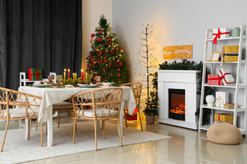 Interior of festive room with Christmas tree, decorations and beautiful table serving