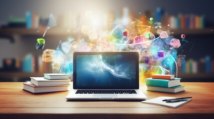 Laptop and books on wooden desk with abstract colorful background. Education concept.
Education technology E-learning Online Training 
