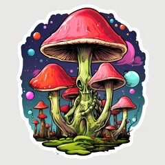 Fantasy Mushroom-Man. Fantasy mushroom in the forest. Psychedelic Mushrooms Concept. Hallucinogenic Mushrooms Sticker. Sticker. Logotype. 2D Illustration.