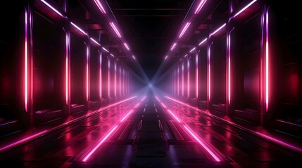 Futuristic neon tunnel with pink and purple lights, creating a symmetrical vanishing point.