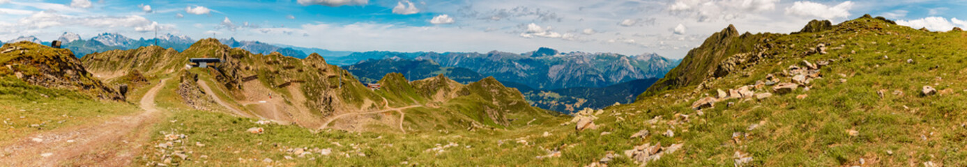 Fototapeta na wymiar High resolution stitched alpine summer panorama at Mount Kreuzjoch, Schruns, Bludenz, Montafon, Vorarlberg, Austria